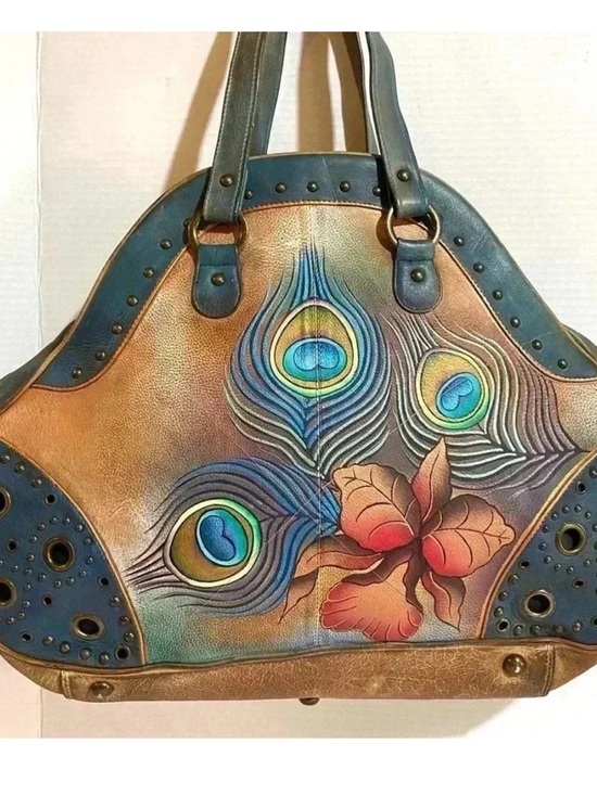 Anuschka Handbags - Anuschka Hand-Painted Peacock Feather Hibiscus Flower Hobo Extra Large Satchel
